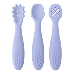 Silicone Baby Utensils Set - Soft Spoon and Fork for Toddler Feeding & Training (Purple)