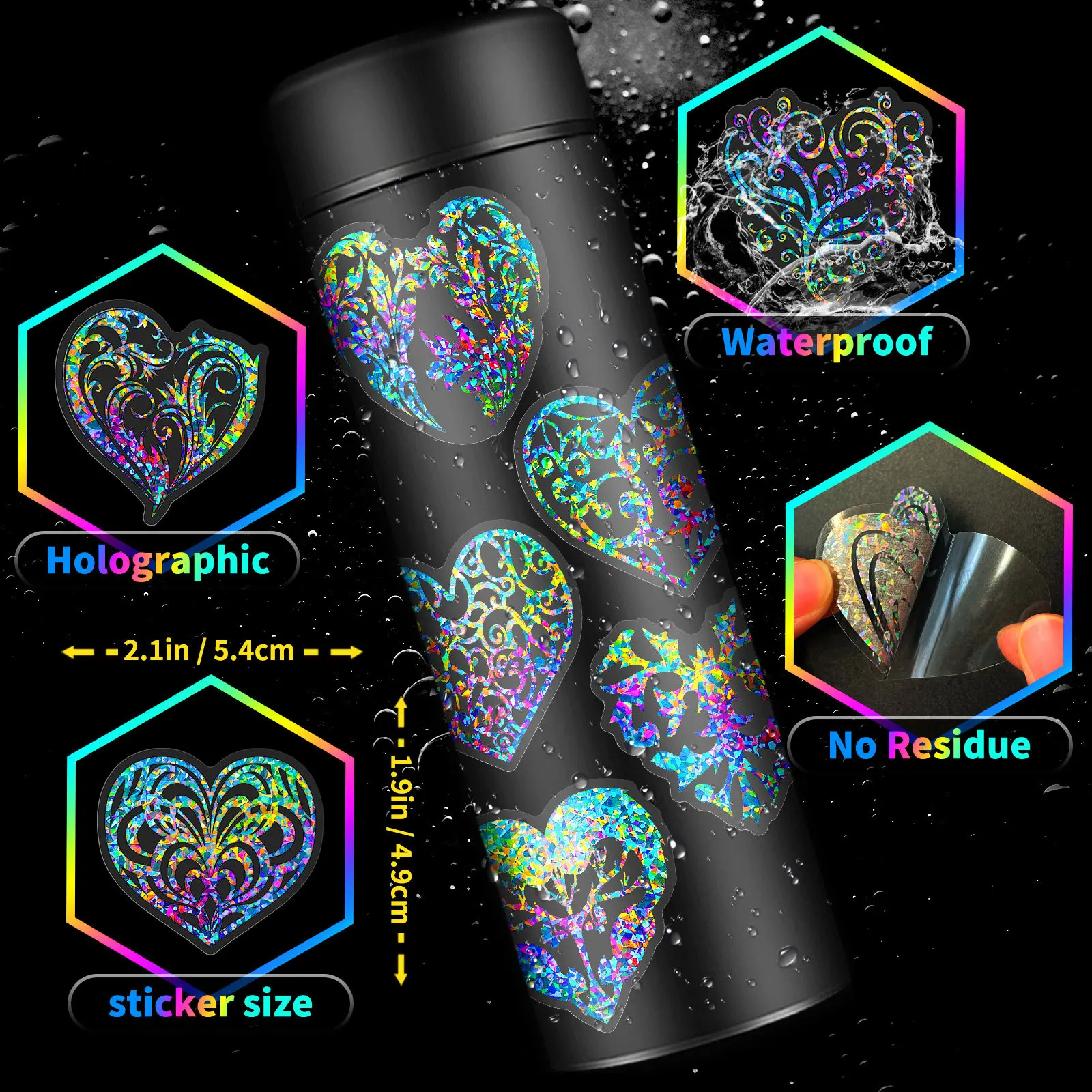 50 Sheets Of Transparent Holographic Heart-shaped PET Stickers With Radiant Colors For Decoration Sticker