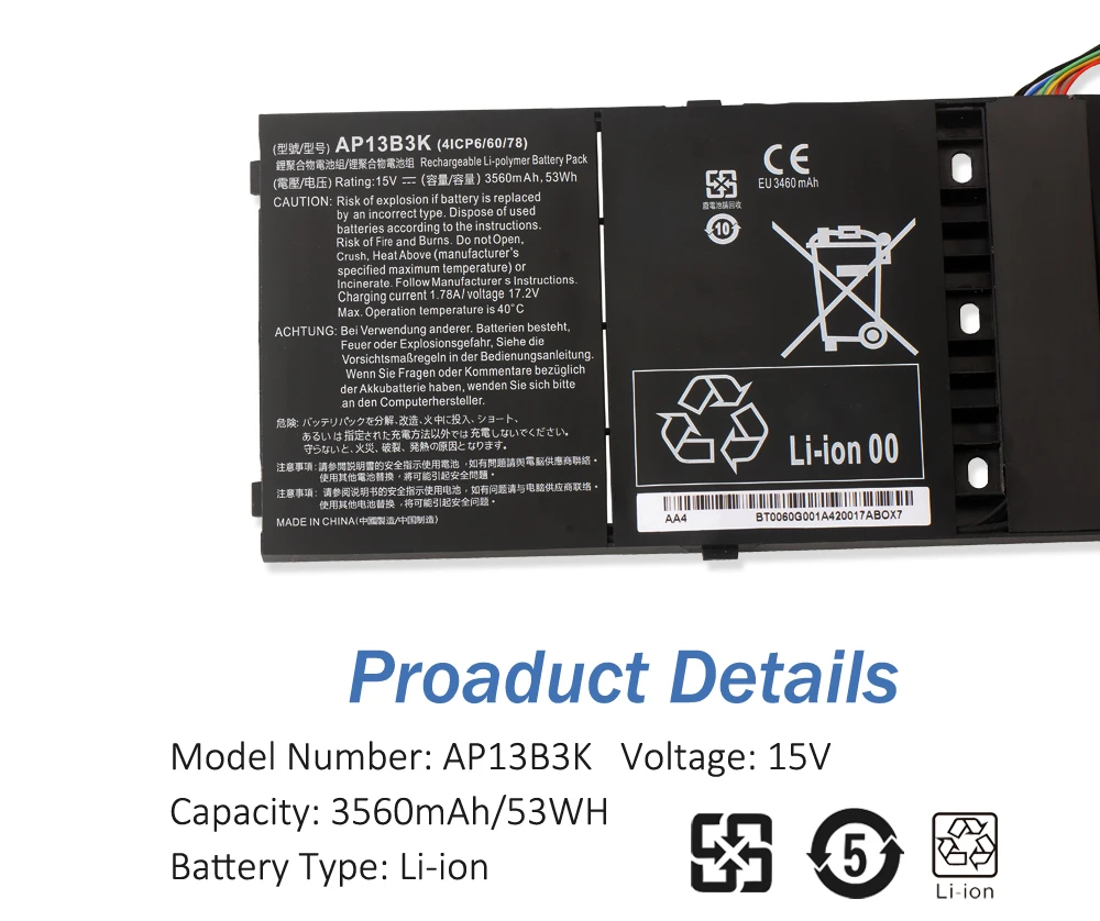 Etesbay Ap13b3k Ap13b8k Bateria do Portátil para Acer Aspire V5573g V5472g V5-473g V5-552g 53whm5-583p V5-572p V7-582pg 4icp6 60 80 - Imagem 5
