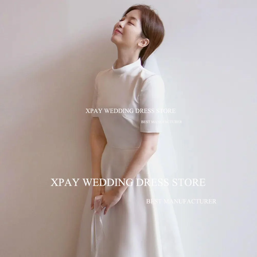 XPAY High O Neck Soft Satin Korea A Line Wedding Dresses 2024 Photography Shoot Short Sleeve Simple Elegant Custom Bride Dress 3