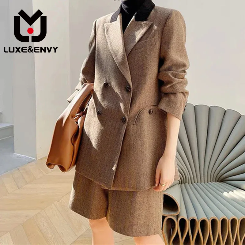 

LUXE&ENVY New Cool Style Women's Suit Coat With Black White Herringbone Pattern Woolen High Grade Capris Suit Set 2023 Autumn