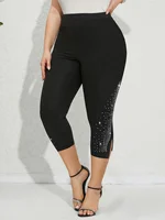 Plus Size Women's Fitted 7/8 Leggings with Starry Pattern and Rhinestone Split - High Waisted Summer Active Underwear - Image 2