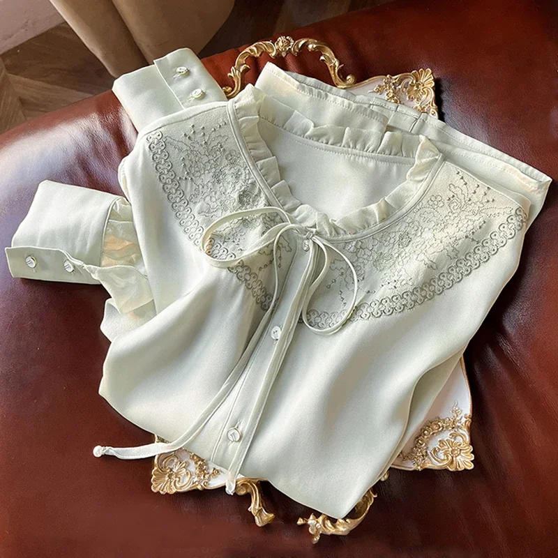 

Autumn Women Long Sleeve Ruffled Collar Shirt Elegant Lace Up Blouse Solid Color Loose Tops Simple Shirt Clothes Blusas 29965