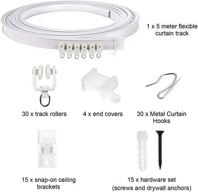 Bendable Curtain Track White Plastic Nano Silencer Flexible Curtain Accessories Kit Curved Straight Top/Side Mounted 1/2/3/4/5m