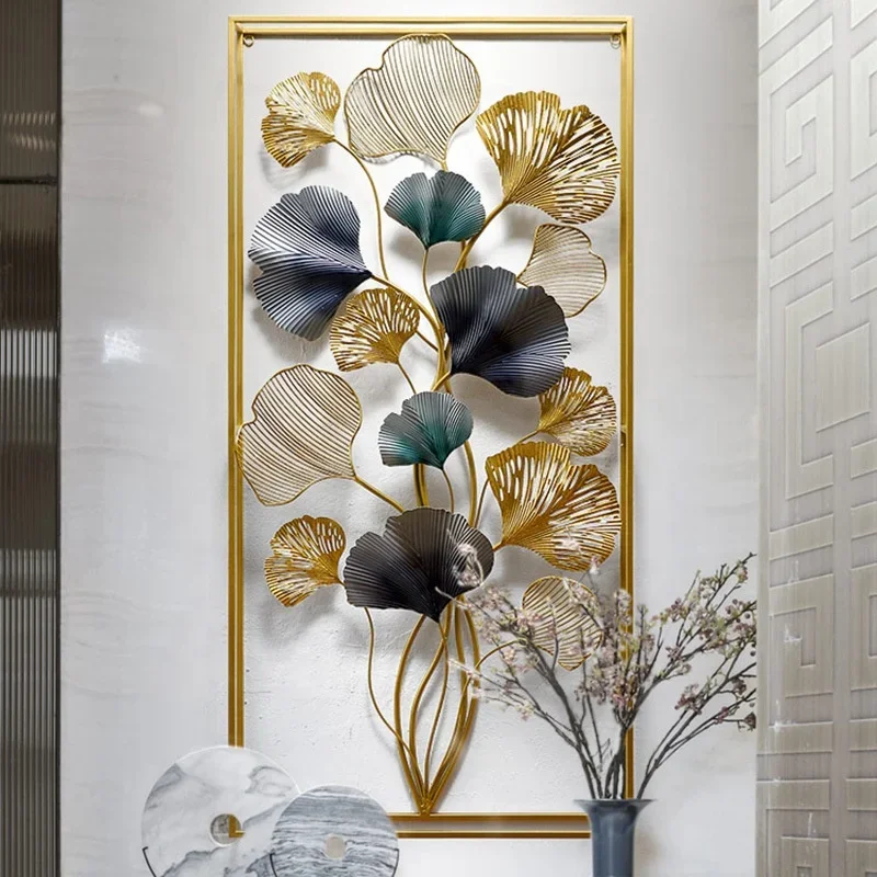

Creative Handmade Three-Dimensional Wrought Iron Wall Decoration Modern Golden Frame Ginkgo Leaf Wall Metal Decoration For Home
