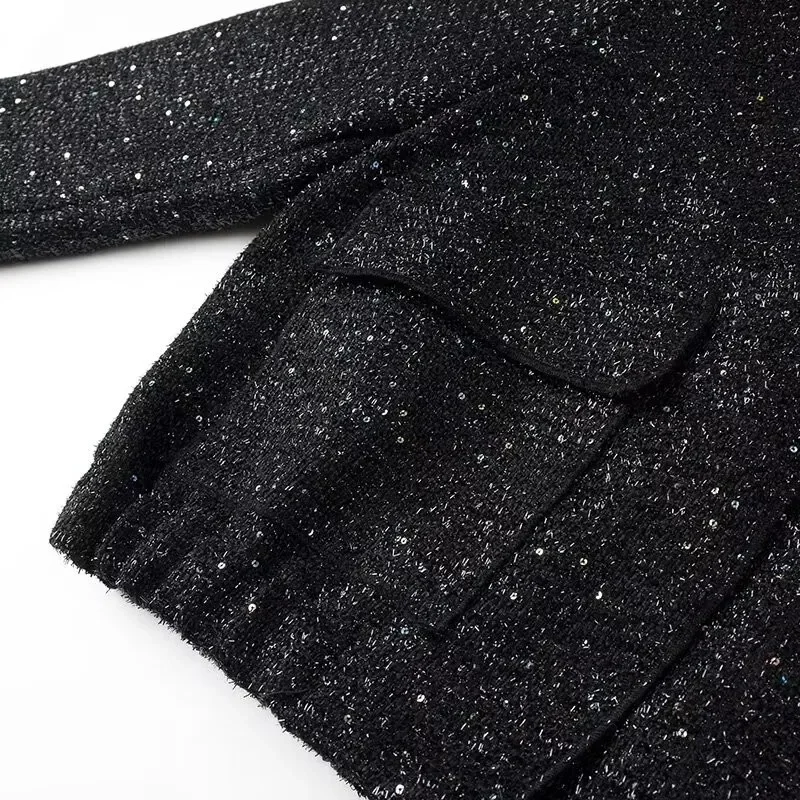 S8c728a7e09814b96aeccabf427b6cee0M Women's Sequined Bomber Jacket Fall New Round Neck Long Sleeve Pocket Stretch Hem Sequins Jacket Coat Female Chic Outerwear Mallzona