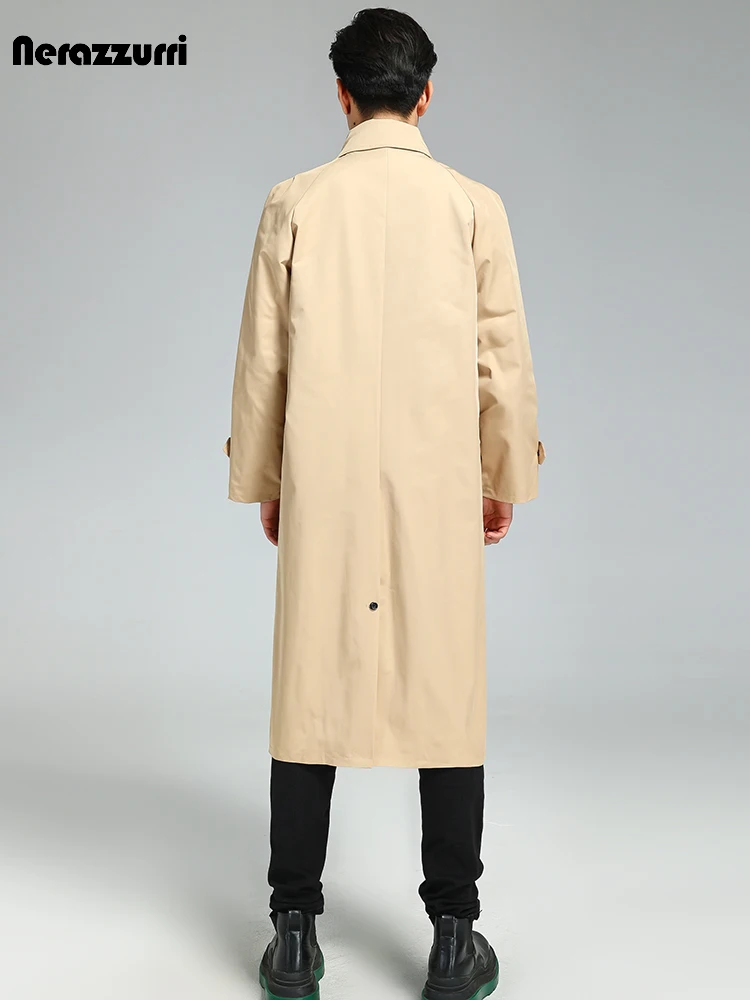 Nerazzurri Spring Autumn Long Soft Khaki Trench Coat Men with Turn-down Collar Single Breasted Casual Mens Clothes Overcoat