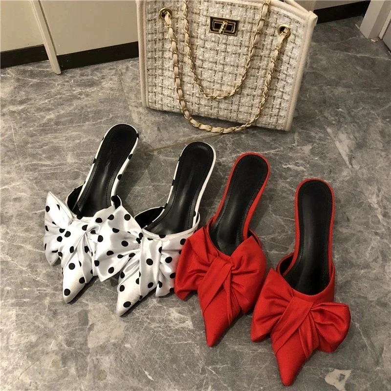 

2024 Autumn New Pointed Toe Polka Dot Bowknot Shallow Mouth High Heels Stiletto Heel Women's Half Slippers