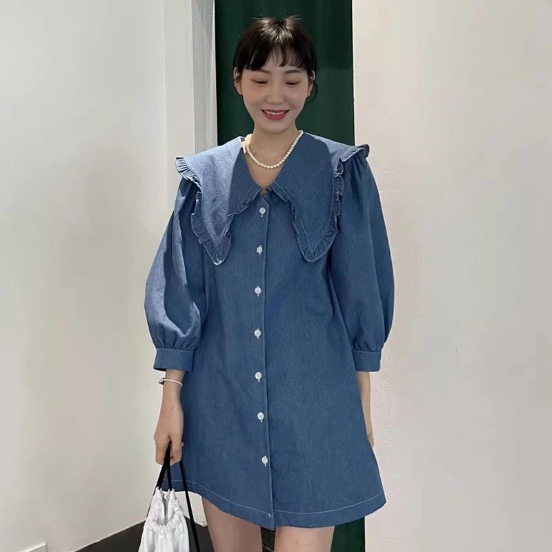 

VANOVICH Korean Style Autumn Retro Single Breasted Loose Waist Casual Lantern Sleeved Denim Dress Peter Pan Collar Woman Dress