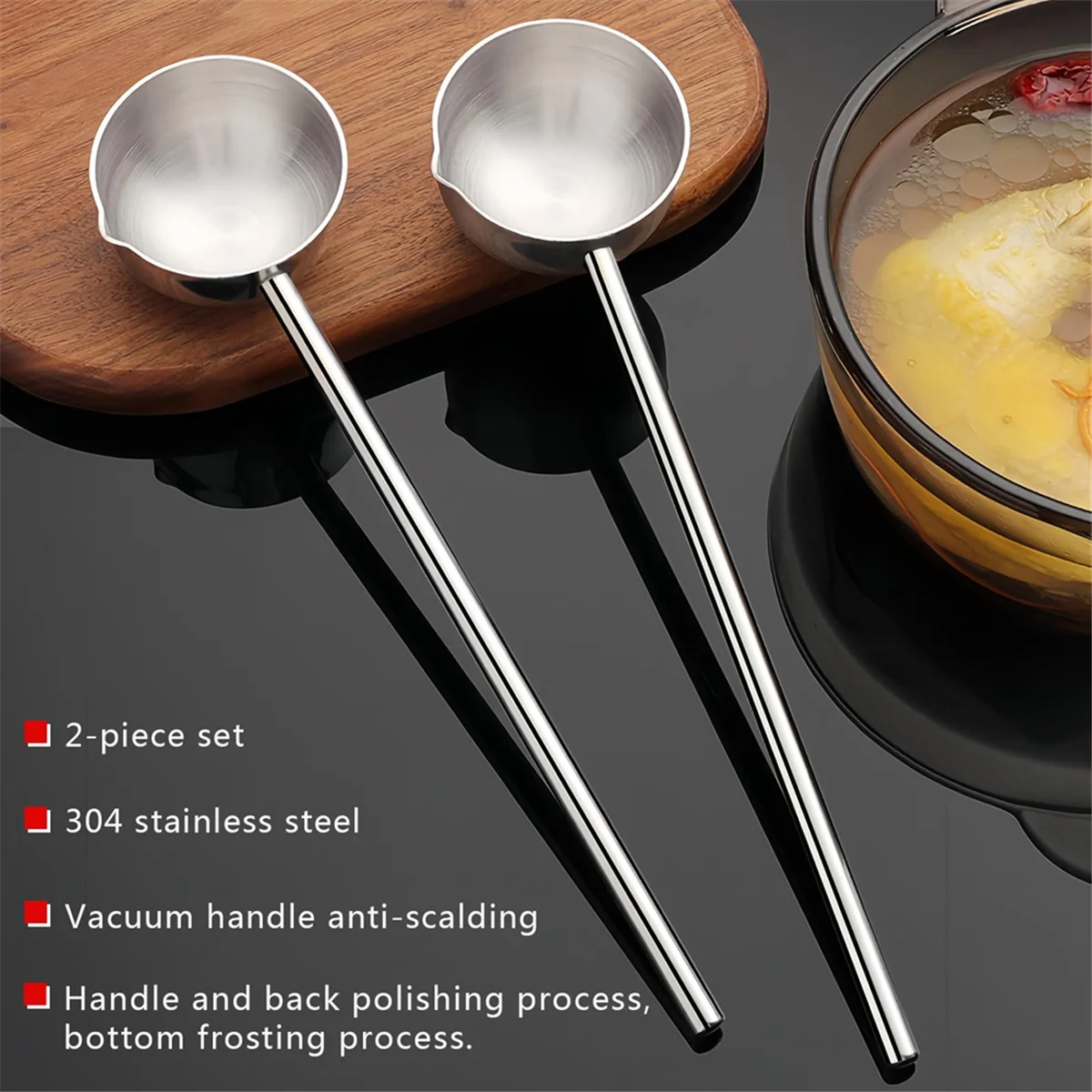 Small Soup Ladle Stainless Steel Metal Deep Spoon with Pour Spout 2Oz Long Handle Ladles for Kitchen 2 Pack