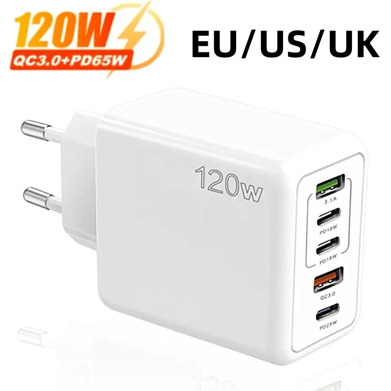 4 Ports 120W USB C Charger Quick Charge 3.0 Fast Charging Type C USB A