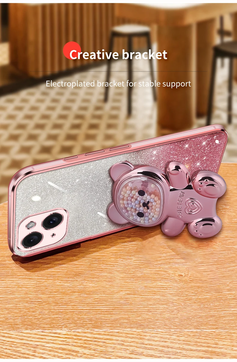 Coque de téléphone avec support à paillettes, ours mouvant, étui pour iPhone 15 14 12 13 11 Pro Mini 13pro X Xr Xs Max 7 8 6 Plus_voghion.com