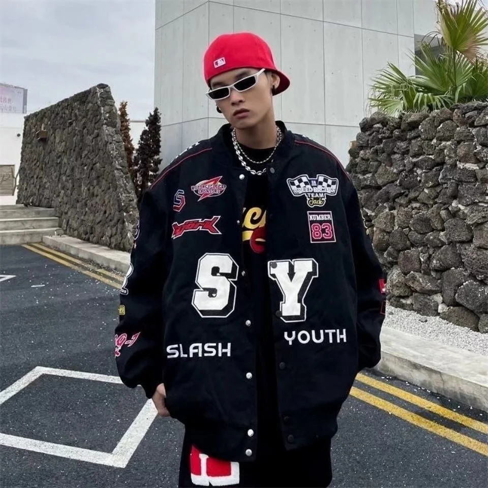 

Men's Y2K retro embroidery patch racing suit street hip-hop spring and autumn motorcycle suit American jacket male