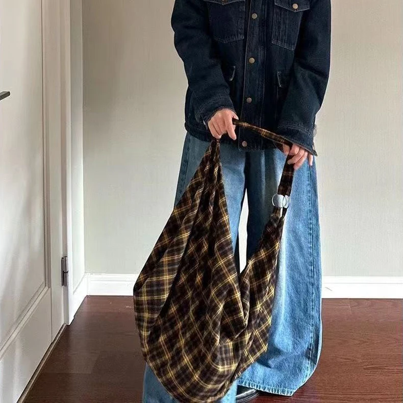 Korean Fashion Vintage Plaid Handbags Women Harajuku Tote Bags Casual Y2k Aesthetic Bags Korean Outfits Travel Bag