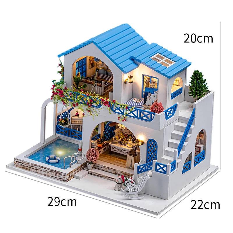 DIY Wooden Doll Houses Blue and White Town Casa Miniature Building Kits with Furniture Led Dollhouse for Adults Birthday Gifts 6