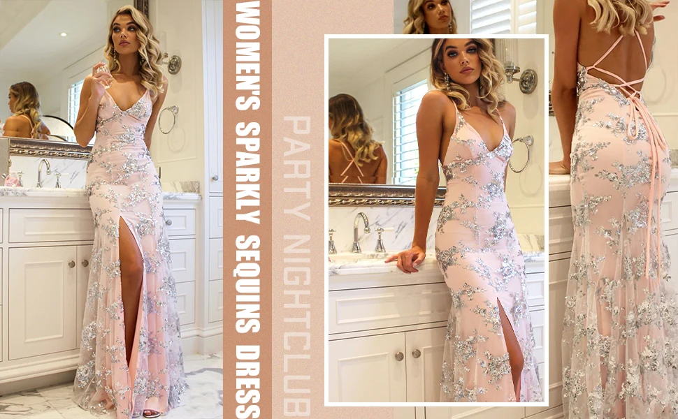 Vestidos de fiesta de sirena con lentejuelas para mujer, vestido de fiesta de noche formal largo con abertura de encaje brillante...