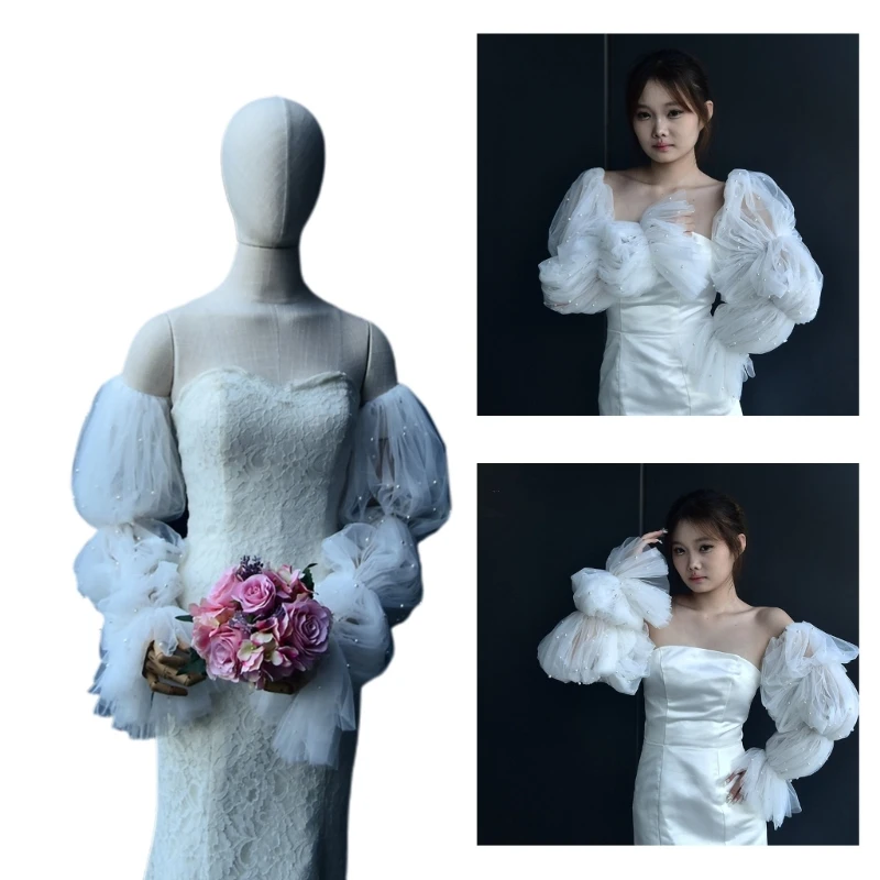 White Detachable Sleeves Wedding Arm Cover Decorate Skin-friendly Long Sleeves Puff Sleeve Photography Decor for Woman