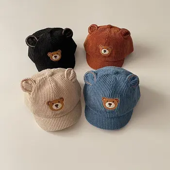 어린이용 피크드 모자, 귀여운 만화 곰 모자, 유아 코듀로이 짧은 챙 야구 모자, 가을 겨울 따뜻한 모자, 6-24 개월