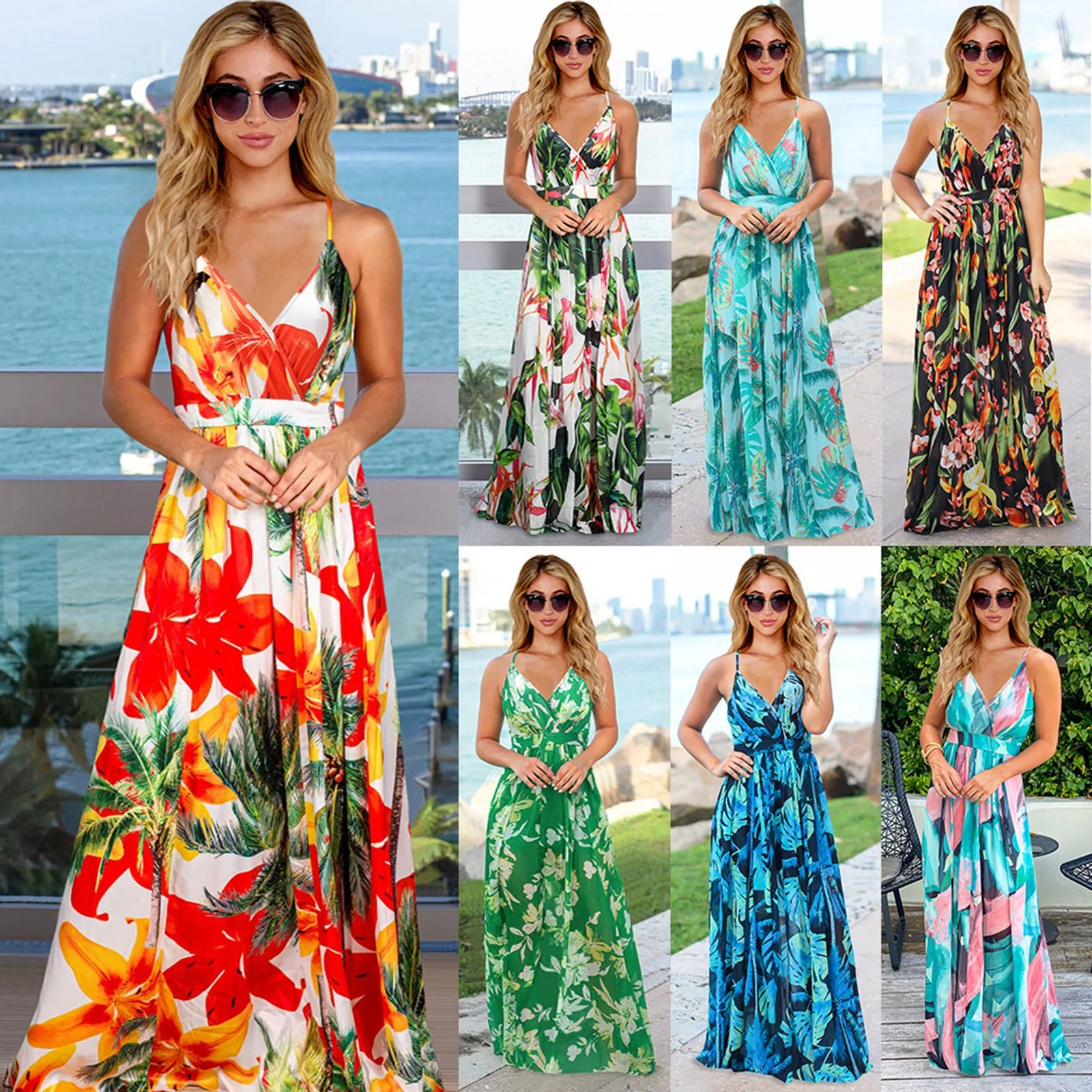 Vestidos bohemios de chiffon con falda escalonada y escote en V profundo Oro Tallas Grandes