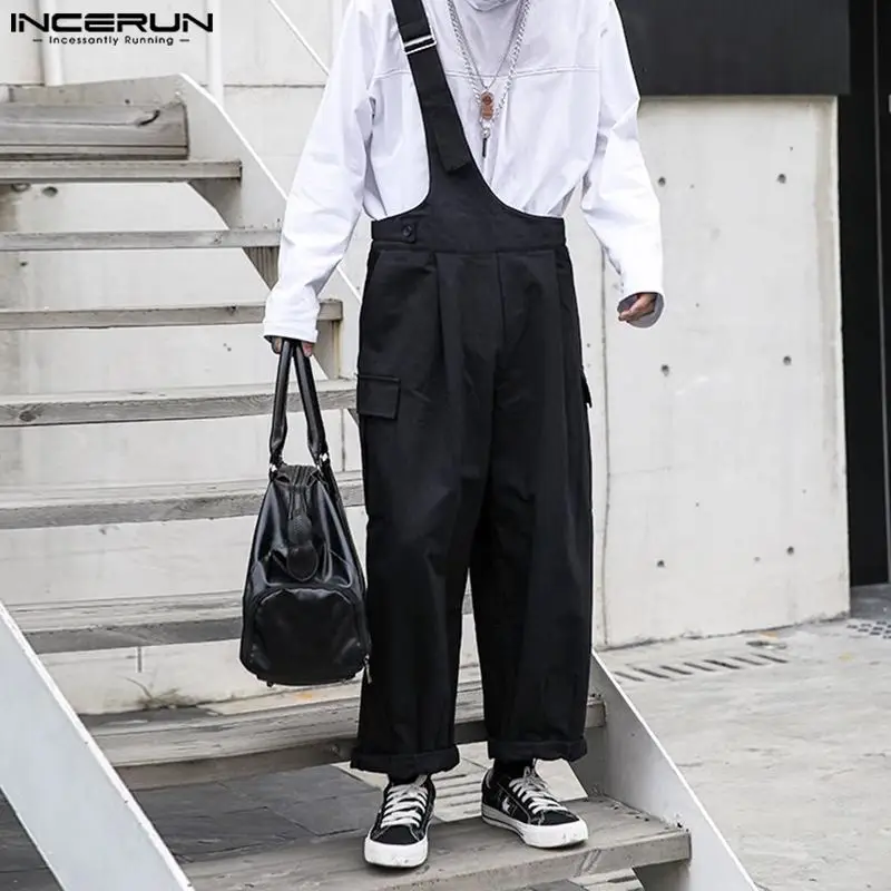 Men Jumpsuits Solid Color Loose Sleeveless Casual One Shoulder Fashion Rompers Streetwear Male Cargo Overalls Pants INCERUN Denim Overalls