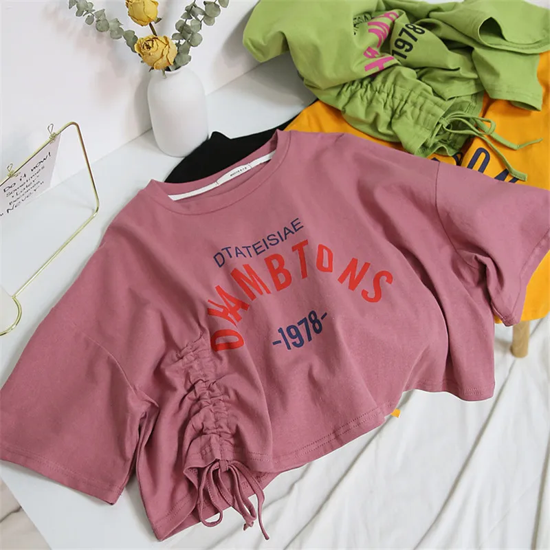 thumbnail image 1 of Camisetas cortas para mujer, ropa de verano coreana para mujer, tops cortos verdes con estampado de letras y frunces para mujer, camisetas básicas de moda kawaii, 1 of 5