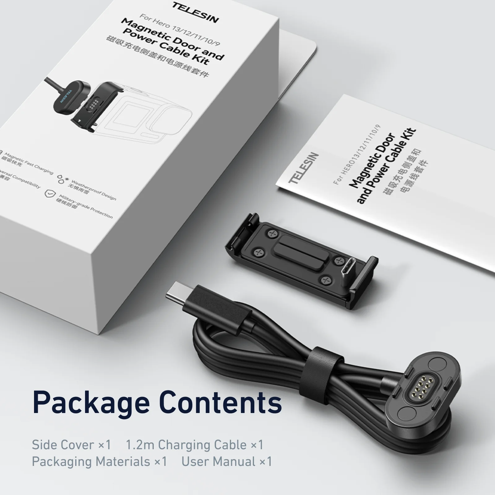 TELESIN Magnetic Waterproof Charging Side Cover Cable KIT For Gopro hero Type-C Charging Cover Port Easy Removable