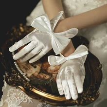 

Women Short Bow Gloves Elegant White Ivory Satin Bridal Wedding Gloves Wedding Prom Party Dancing Accessories