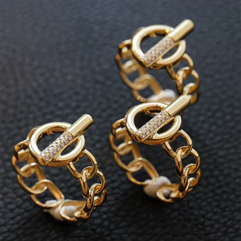 

UBESTNICE Pouplar Ins Simple Real 18K Solid Yellow Gold AU750 Natural Diamond Rivet Chain Open Rings Fashion Women Gift Jewelry