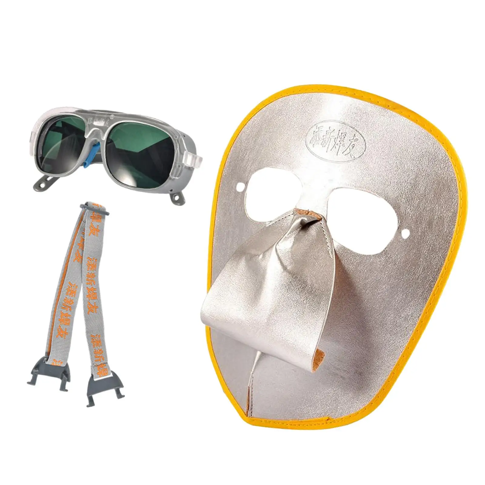 Welding Face Protection Set Heat Insulation Leather Welding Mask and Welding Goggles for Metal Casting Cutting Welding Workers
