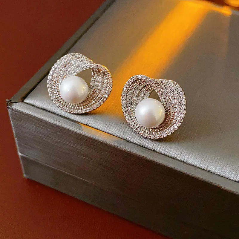 Zircon Round Pearl Earrings for Women Irregular Stud Earring Wedding Party Jewelry