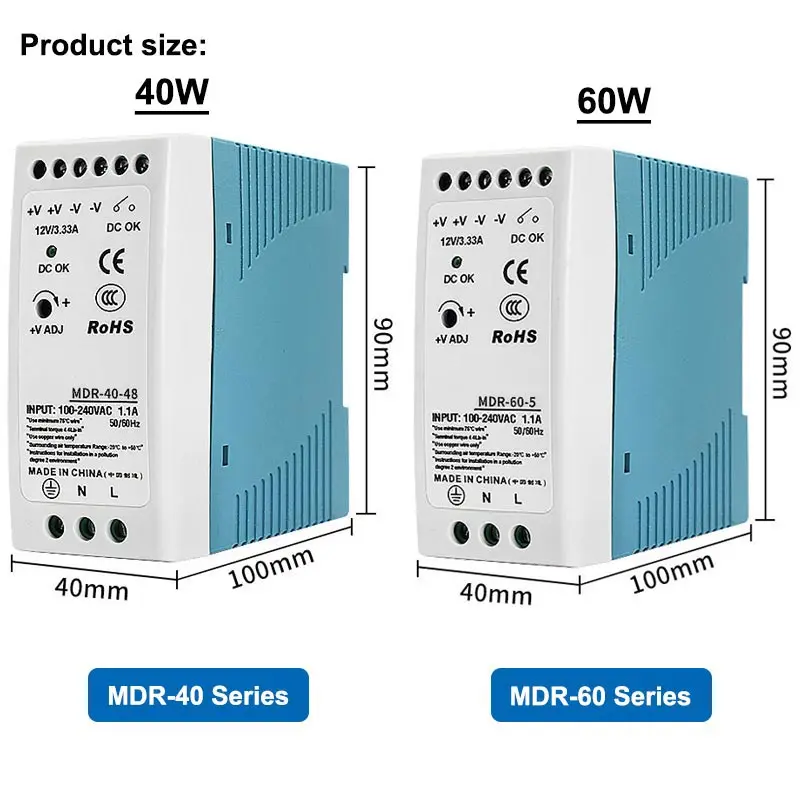 5V 12V 24V 48V Power MDR-20W 60W 100W Industrial Mini AC/DC Din Rail Power Supply Switch Single output Switching