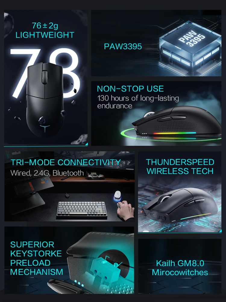 Thunderobot-mouse para Jogos sem Fio Ml901 Três Modos Bluetooth 2.4g com Fio Design Ultra Leve Paw3395 - Imagem 4