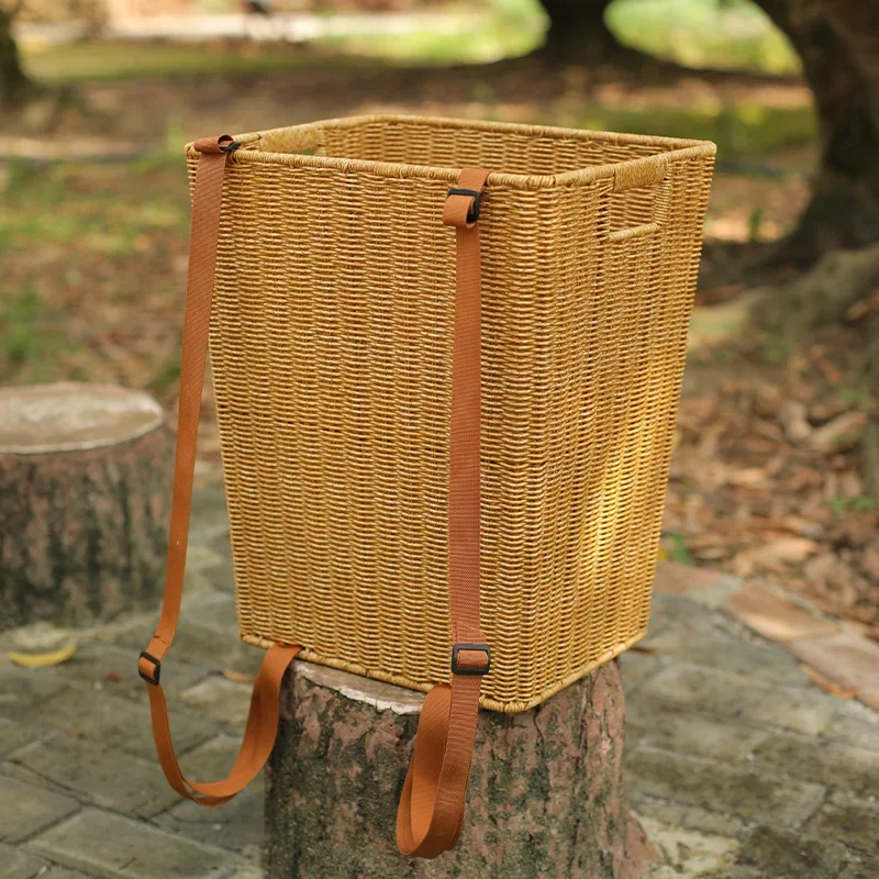 Large Storage Basket Imitation Rattan Vegetable Organizer Tea Picking Market Gathering Backpack Shoulder Strap Storage Bucket 3