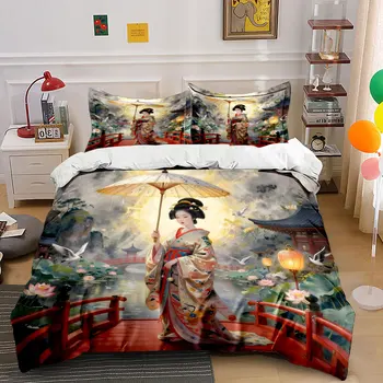 Woman in kimono holding umbrella Printed Duvet Cover Set1 Duvet Cover+2 PillowcaseMulti Size Bedroom Bedding Decor 1