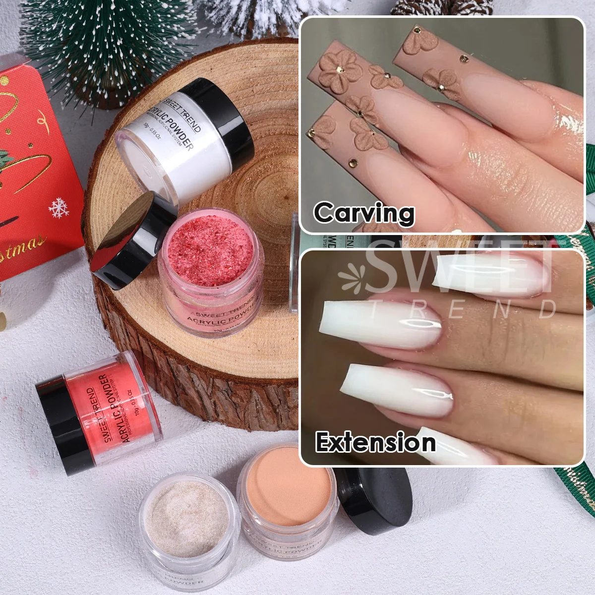 6pcs Christmas Color Acrylic Nail Powder Green Red Sparkly Gold Crystal Carved Building Sequins Manicure Extension Dipping Dust