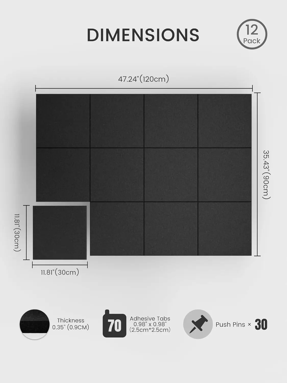 12팩 펠트 벽 타일 48x36인치 코르크 보드 대체품, 70개 접착 탭 및 30개 푸시핀 포함, 사무실 장, 블랙