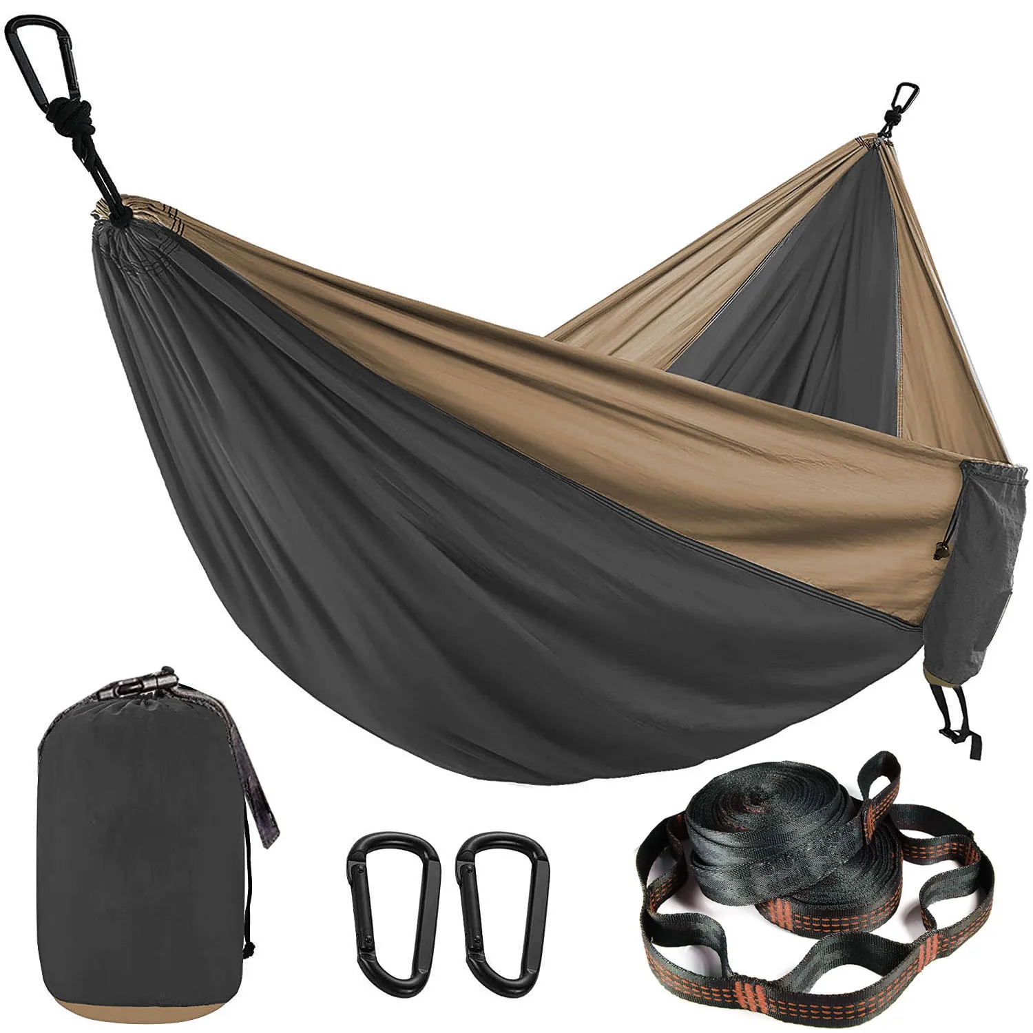 Parachute hammock with straps and black carabiner, camping, survival, travel, double person, outdoor furniture, swing chair
