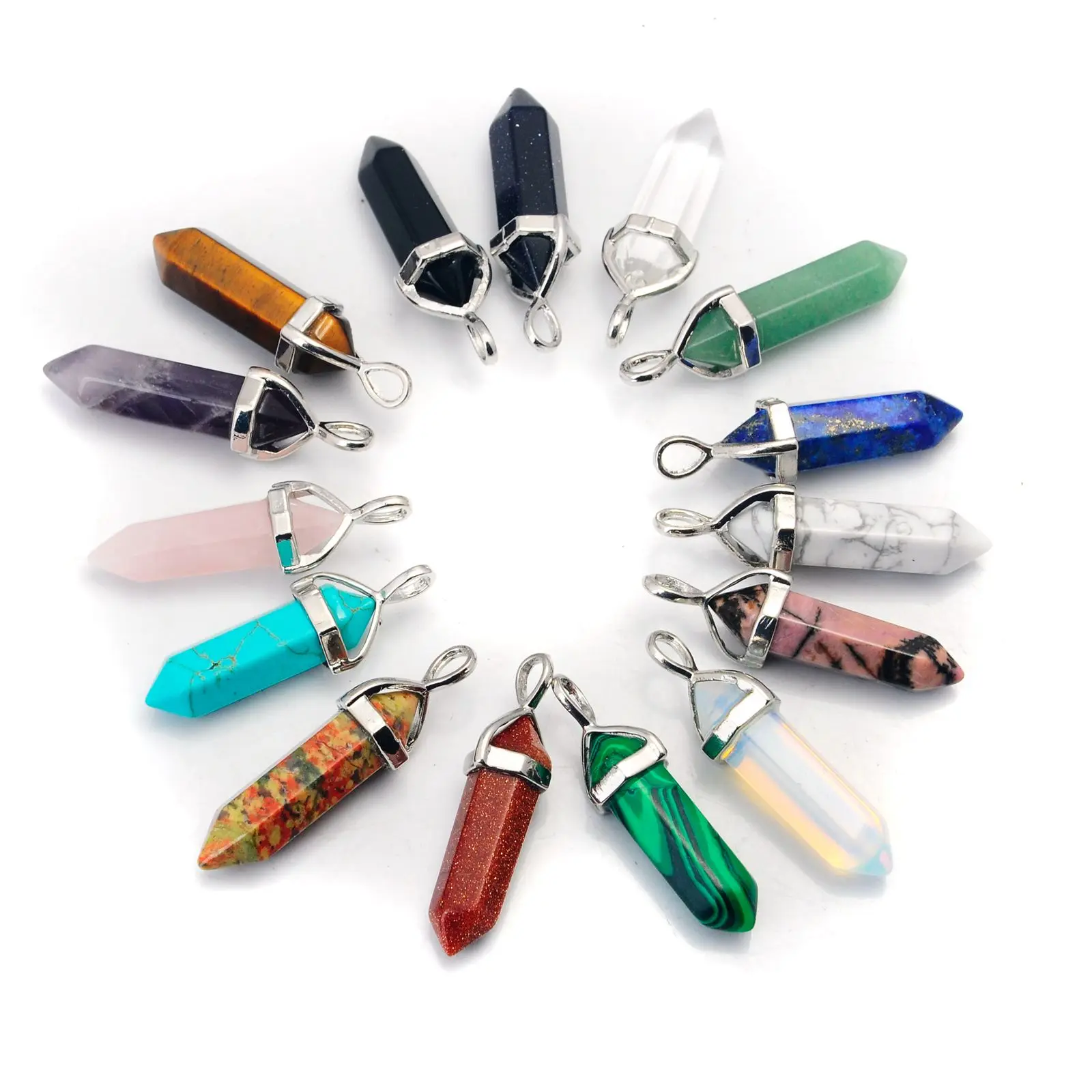 50PCS Natural Gemstone Hexagonal Bullet Point for Making Jewelry Meditation Healing Chakra Pointed Stone Pendants Necklace
