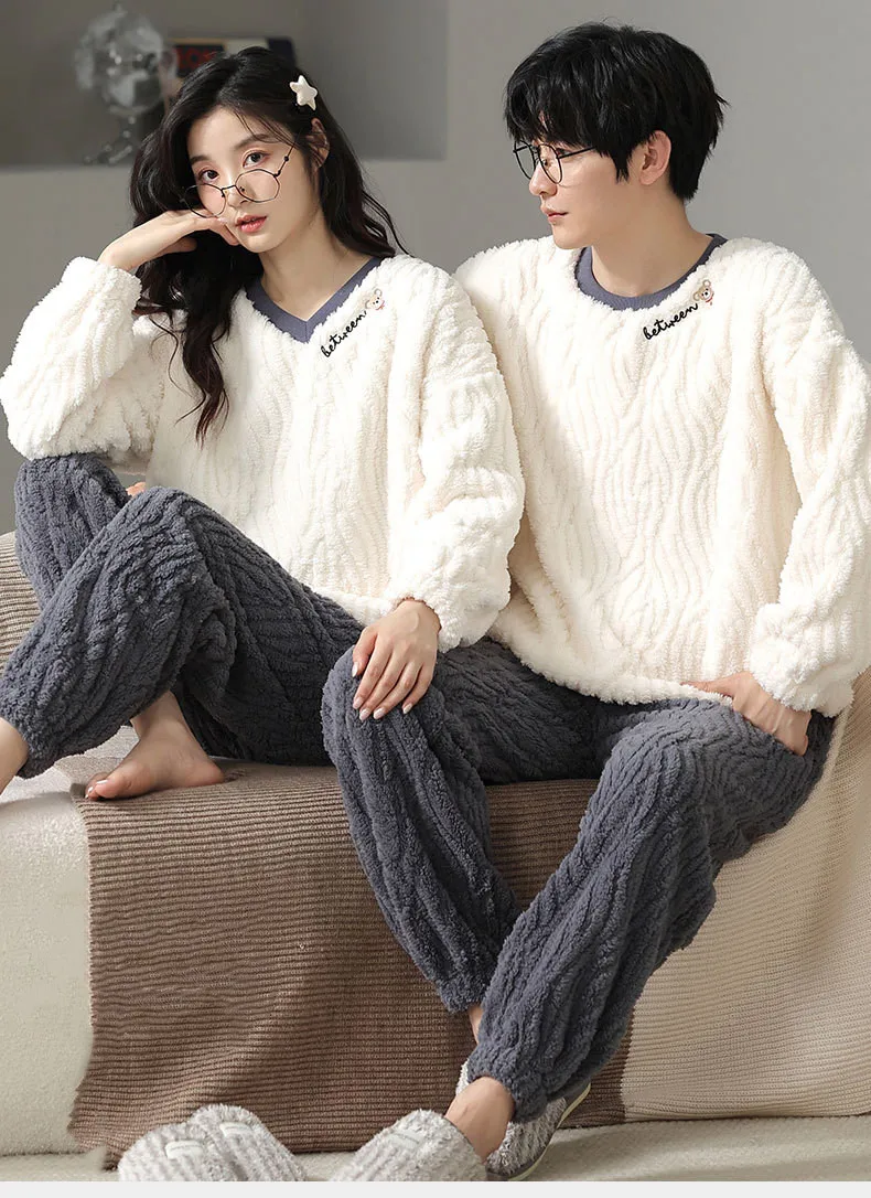 Yasuk Winter Fashion Women's Men Casual Warm Soft Stripe Pullover Sleepwear Pajamas With Pants Velvet Fleecel Couple Unisex Bear