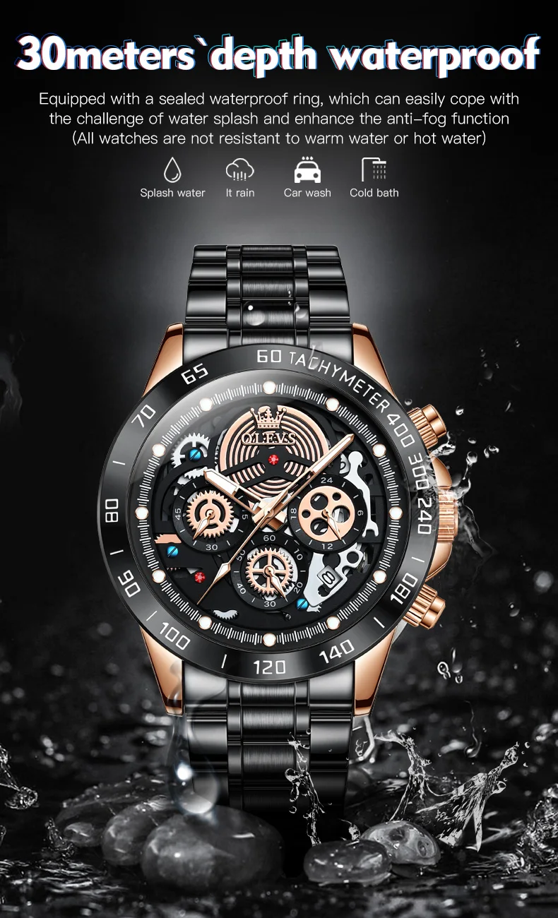OLEVS Fashion Quartz Men Wristwatch Stainless Steel Strap Waterproof Multifunctional Large Dial Luxury Watch for Men Luminous