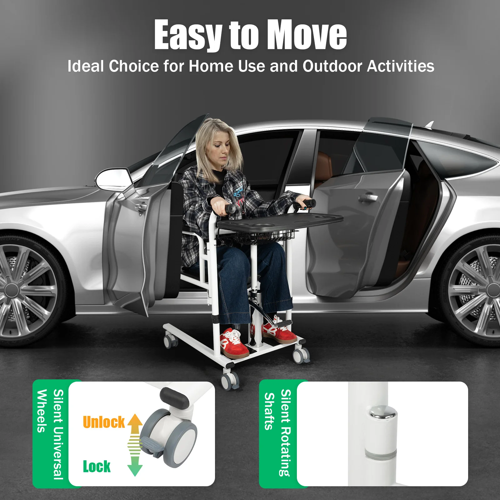 Hydraulic Patient Lift Transfer Chair, 330.7Lbs Nursing Wheelchair for Car, Aid Elderly 180° Split Seat Bathroom Bedside Commode 3