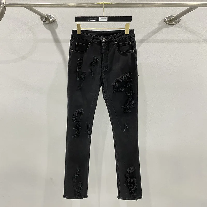 

Джинсы 20ss Rick Jeans для мужчин, женская одежда, уличная одежда Ro Owens, с ремнем-крылышком, двойная стирка, облегающие черные брюки