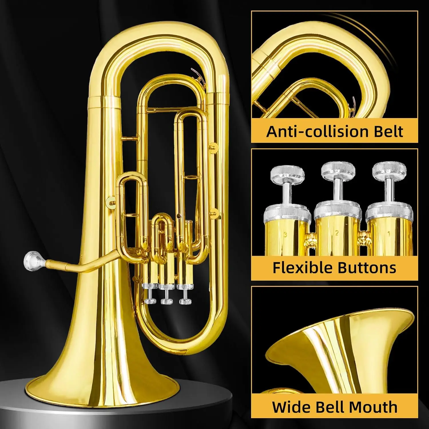 Euphonium Brass Instrument with Case, Mouthpiece, Cloth, and Gloves-Standard Brass Band Performance Model