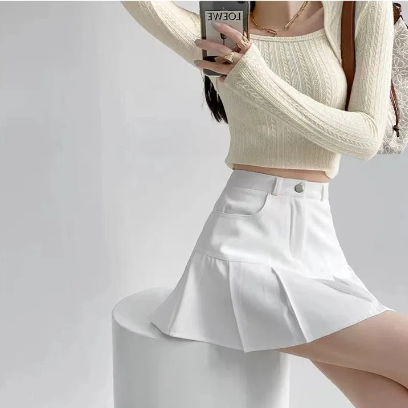 

Preppy Style High Waist Solid Pleated Mini Skirt Women Summer Spring Korean Fashion Cute White A-line Skirt Y2k Skort Clothes