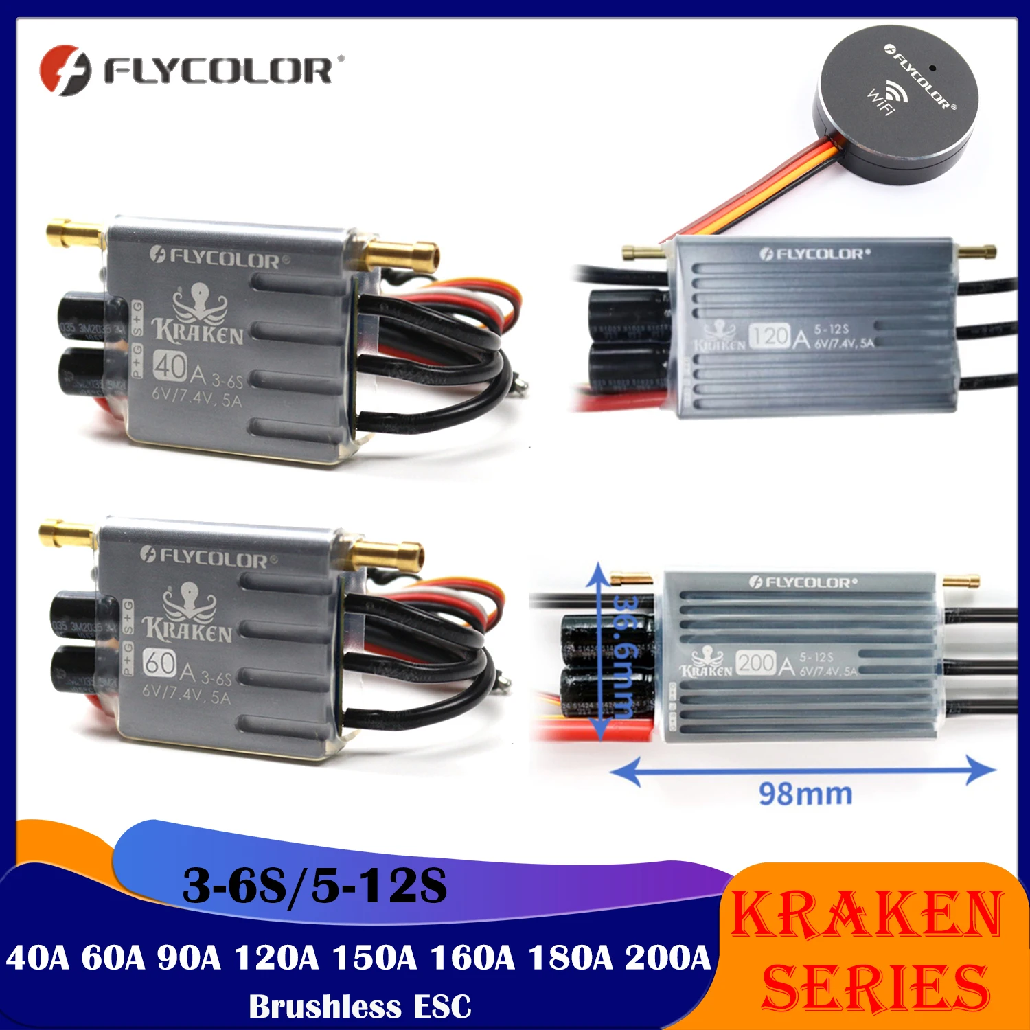 

FLYCOLOR Kraken Series RC Boat Brushless ESC 40A 60A 90A 120A 150A 160A 180A 200A 3-6S/5-12S Waterproof for Model Racing Part