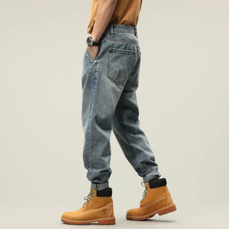 EH·MD Loose Light Blue Jeans Simple Atmosphere Large Size Trend Pure Cotton Casual Cat Whisker High Street Fashion Zipper Pocket