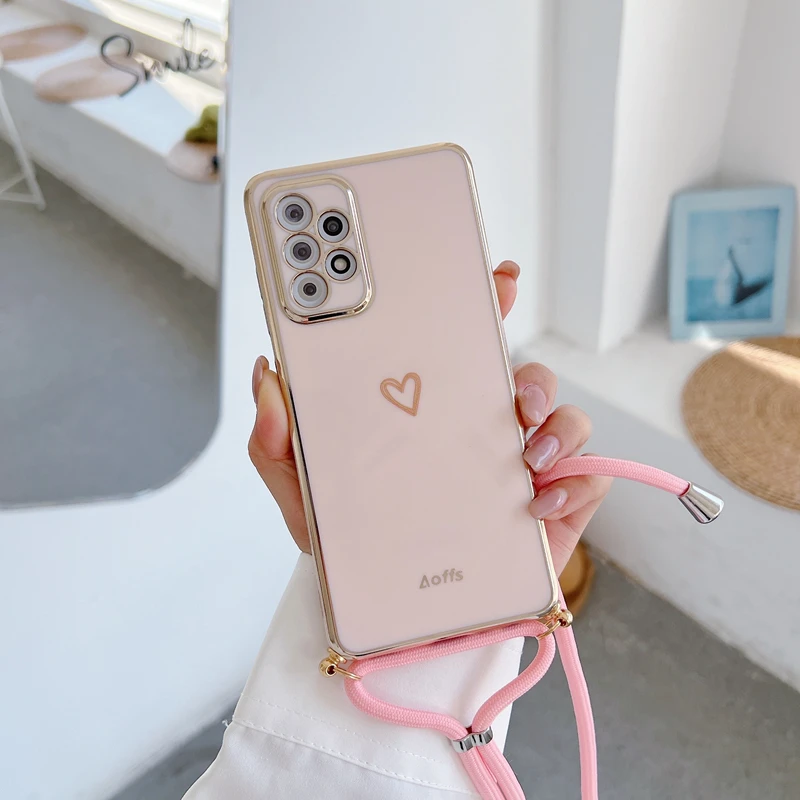 Elegant Love Heart Crossbody Lanyard Strap Plating Case Cover