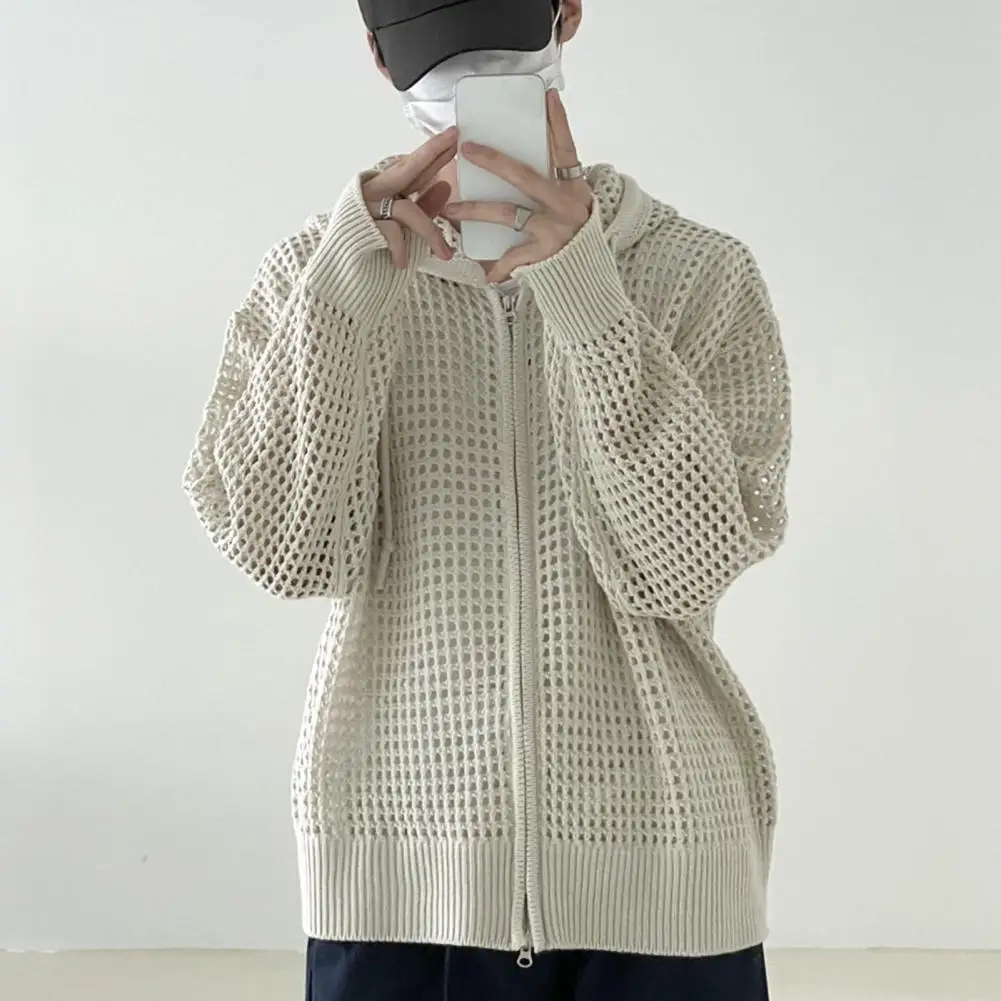

Vintage Knit Mesh Sweater Coat for Men Hole Hooded Cardigan Long Sleeve Tee Hollow Out Casual Autumn Japanese Streetwear Hip Hop