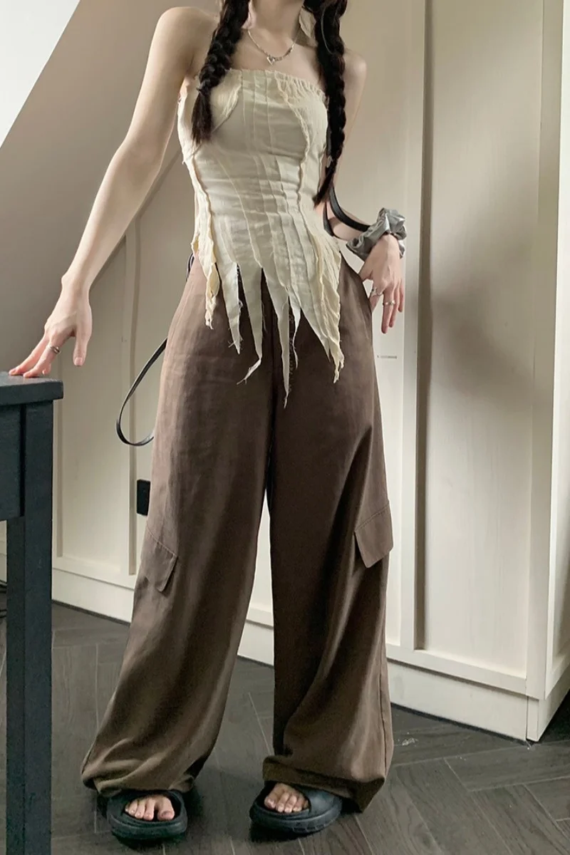 Khaki Women Straight Pants American Sports Coffee Wide Leg Pants For Women Loose Fitting High Waist Casual Pants Floor