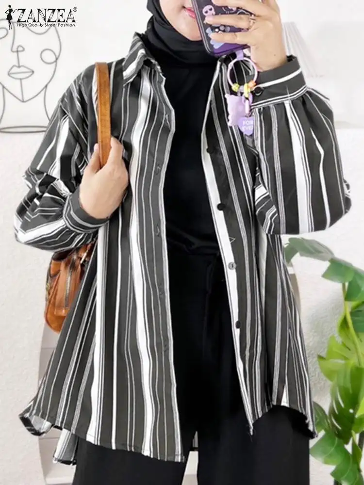 

ZANZEA Fashion Lapel Neck Long Sleeve Shirt Casual Loose Dubai Turkey Abaya Blusas Female Tunic Tops Women Vintage Muslim Blouse